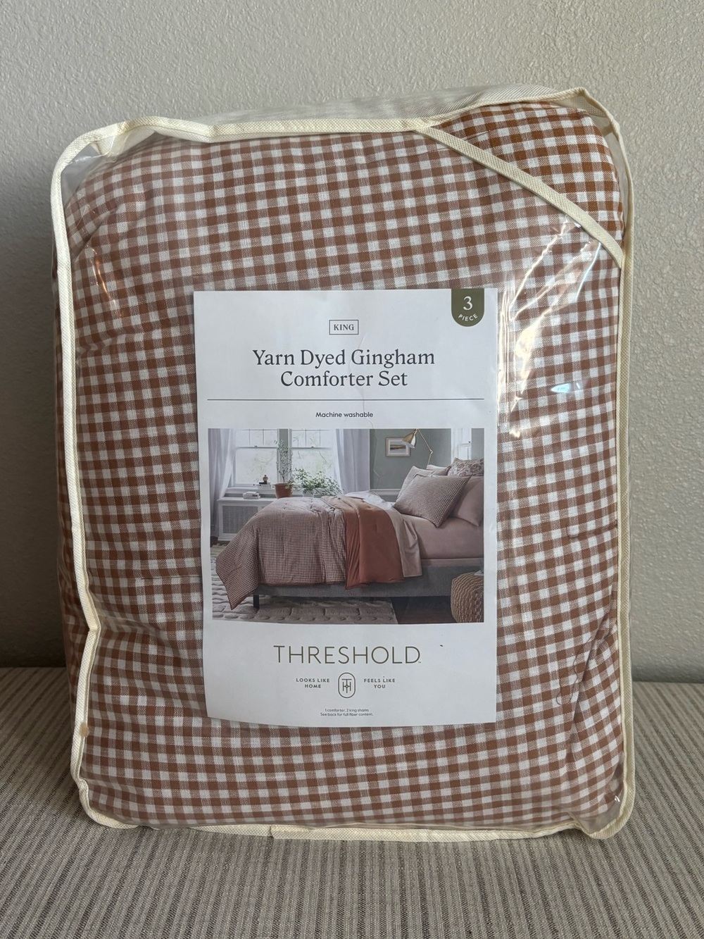 NWT 3pc King Mini Gingham Comforter and Sham Set Camel - Threshold